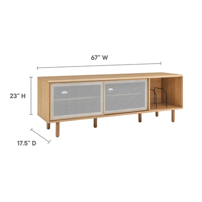 Kurtis 67in TV and Vinyl Record Stand in natural oak with perforated metal doors by HouseOfZazla on Tampa Home & Garden Store