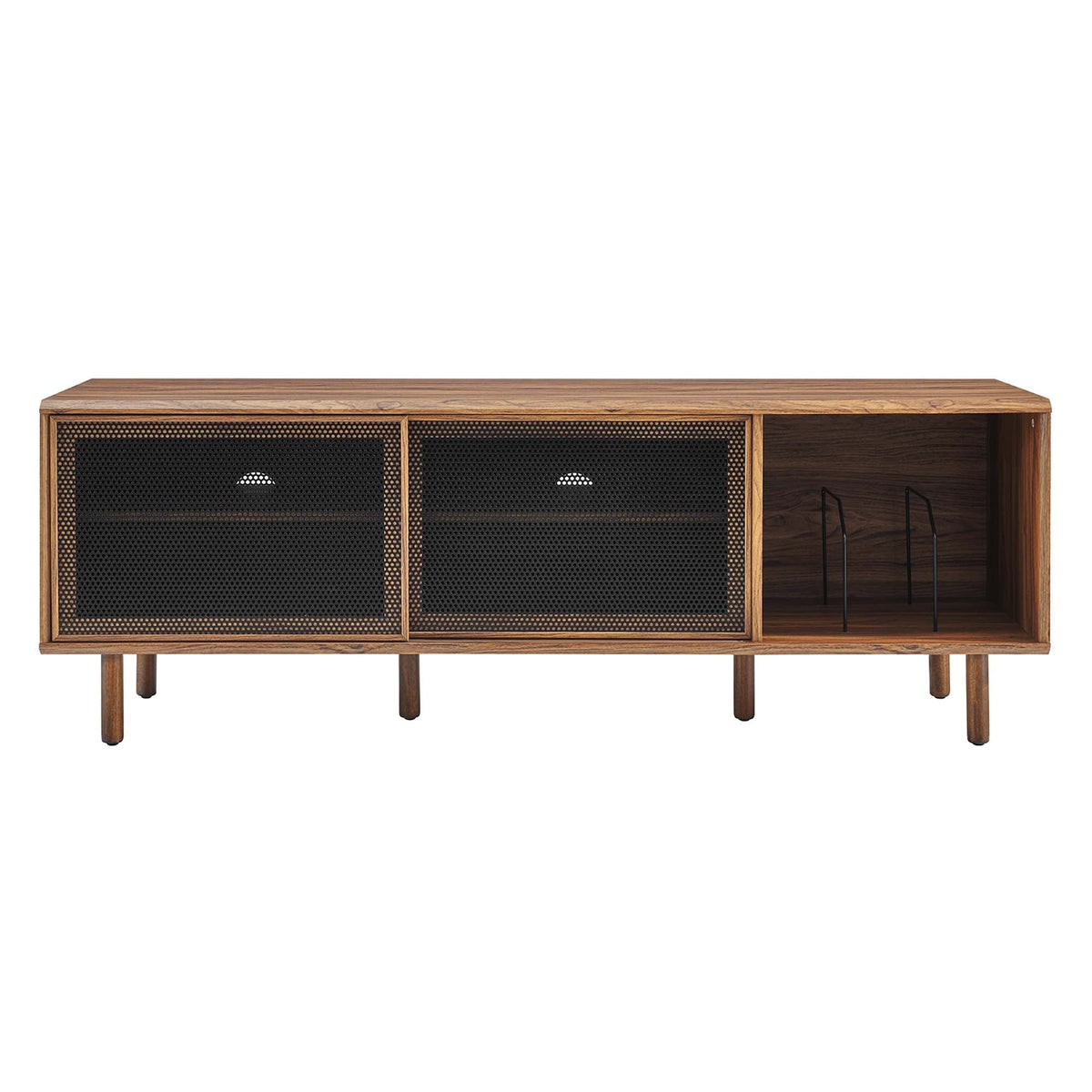 Kurtis 67in TV and Vinyl Record Stand by Modway in warm wood with black mesh cabinet doors on Tampa Home & Garden Store