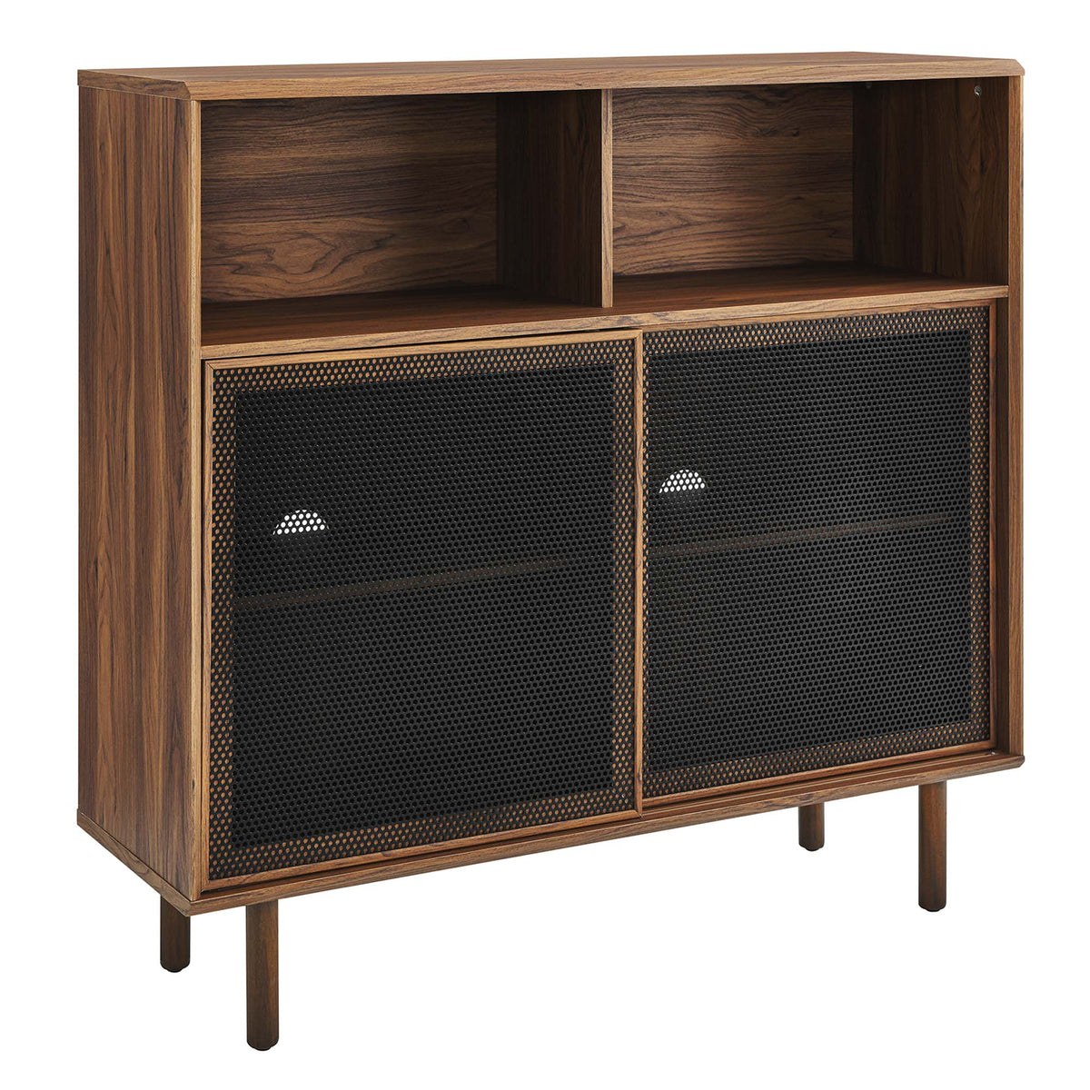 Modway Kurtis 47in display cabinet in walnut veneer with open upper cubbies and mesh doors on Tampa Home & Garden Store
