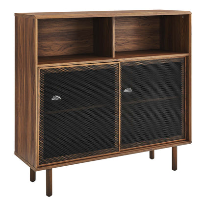 Modway Kurtis 47in display cabinet in walnut veneer with open upper cubbies and mesh doors on Tampa Home & Garden Store