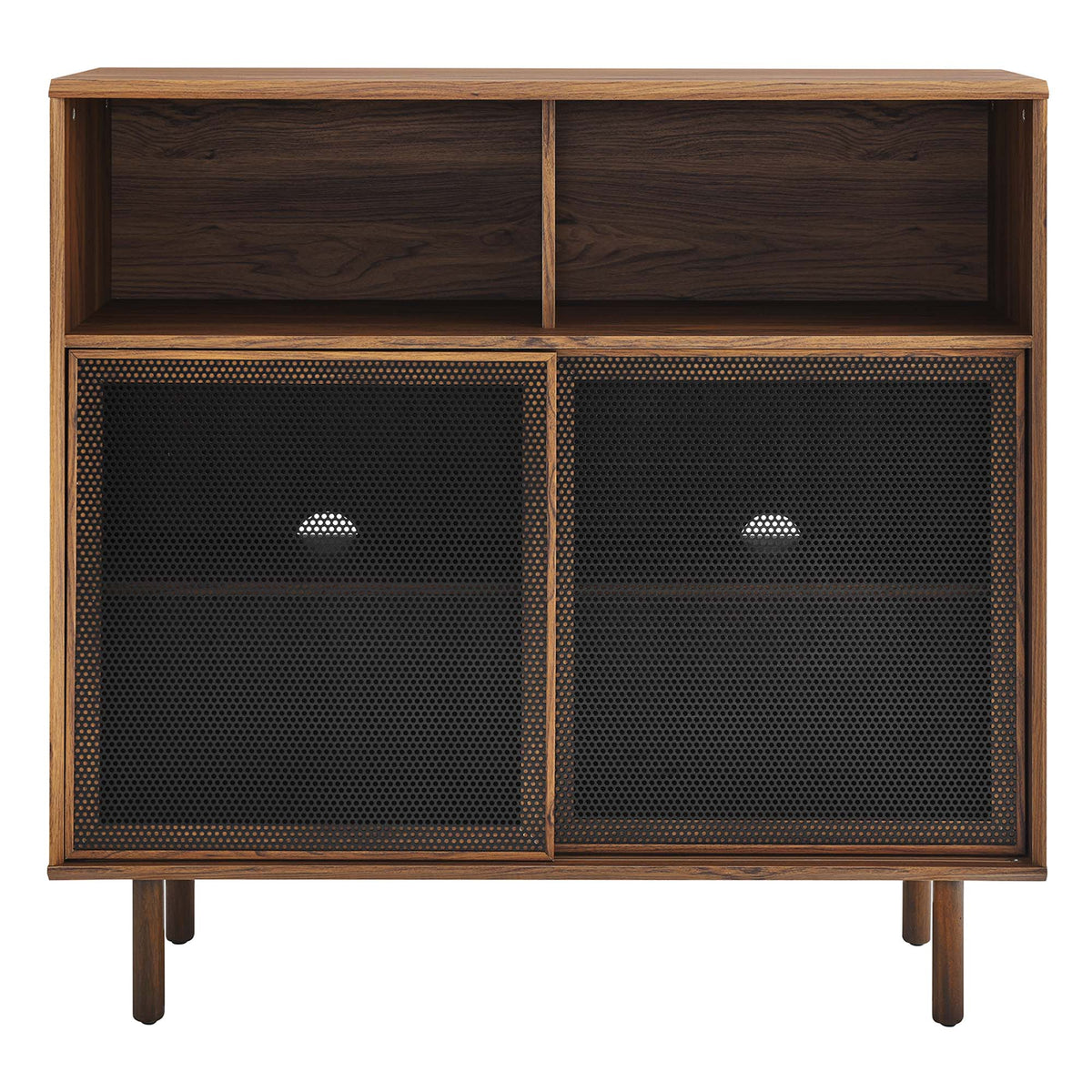 Kurtis 47in Display Cabinet by Modway, walnut frame with two perforated doors and wood legs on Tampa Home & Garden Store