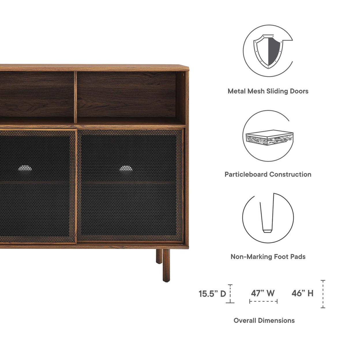 Modway Kurtis 47in display cabinet with walnut wood frame and metal mesh doors, open upper shelf on Tampa Home & Garden Store