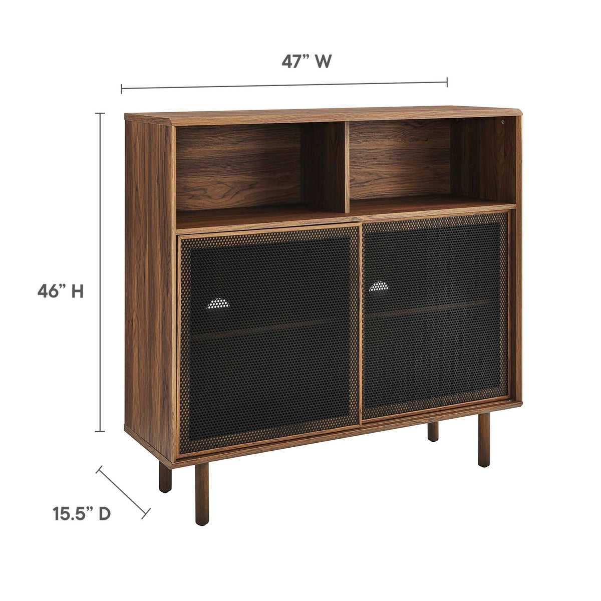 Kurtis 47in display cabinet by Modway in walnut veneer with open cubbies and mesh-front storage on Tampa Home & Garden Store