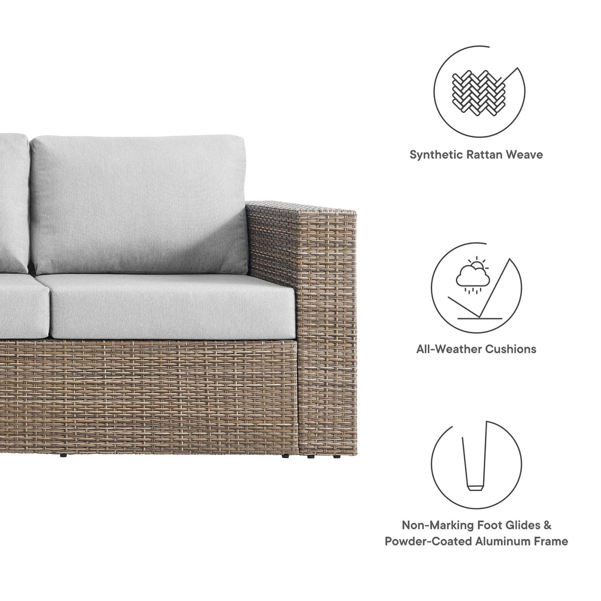 Convene Outdoor Patio Sofa with light gray cushions on a brown synthetic rattan weave frame on Tampa Home & Garden Store