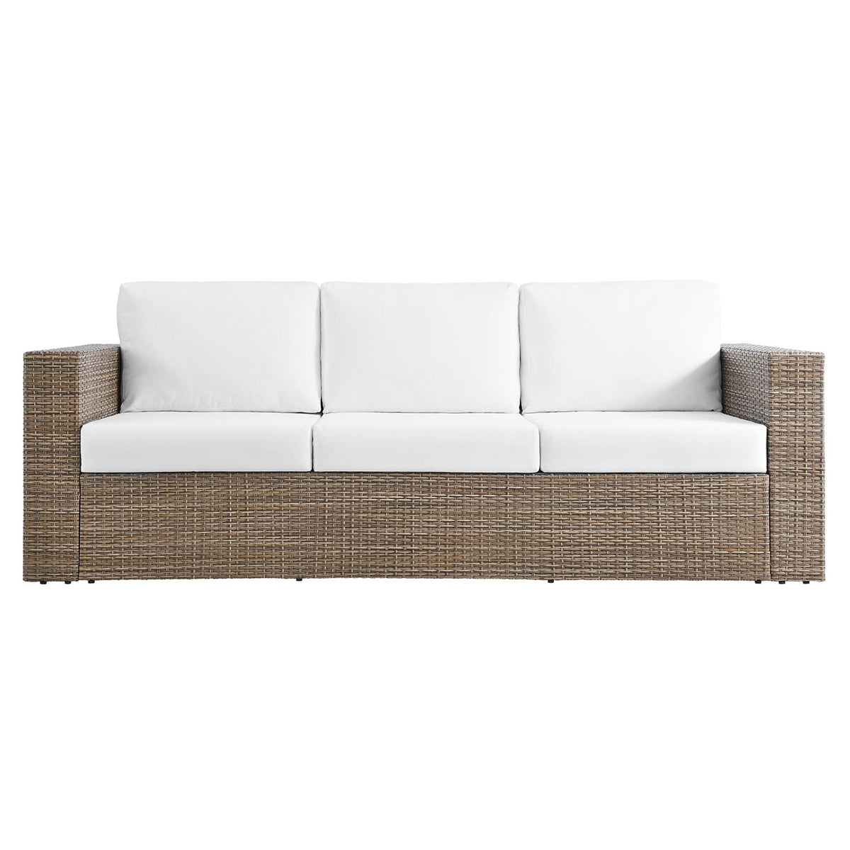 Convene Outdoor Patio Sofa by Modway with white cushions and brown wicker frame 3-seat on Tampa Home & Garden Store
