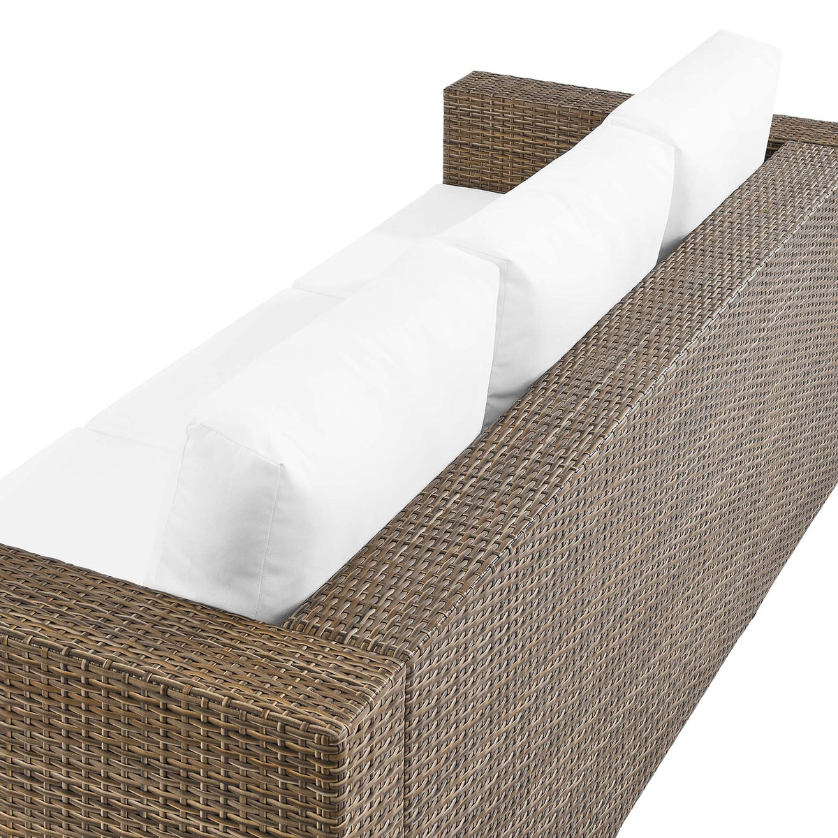Convene outdoor patio sofa by Modway, brown wicker frame with white cushions on Tampa Home & Garden Store