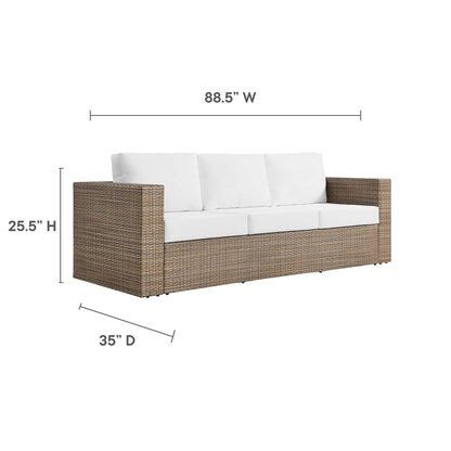 Convene Outdoor Patio Sofa by HouseOfZazla - white cushions, brown wicker frame, 88.5W on Tampa Home & Garden Store