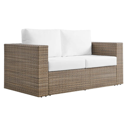 Convene outdoor patio loveseat by Modway; brown woven wicker frame with white cushions, 2-seat sofa on Tampa Home & Garden Store