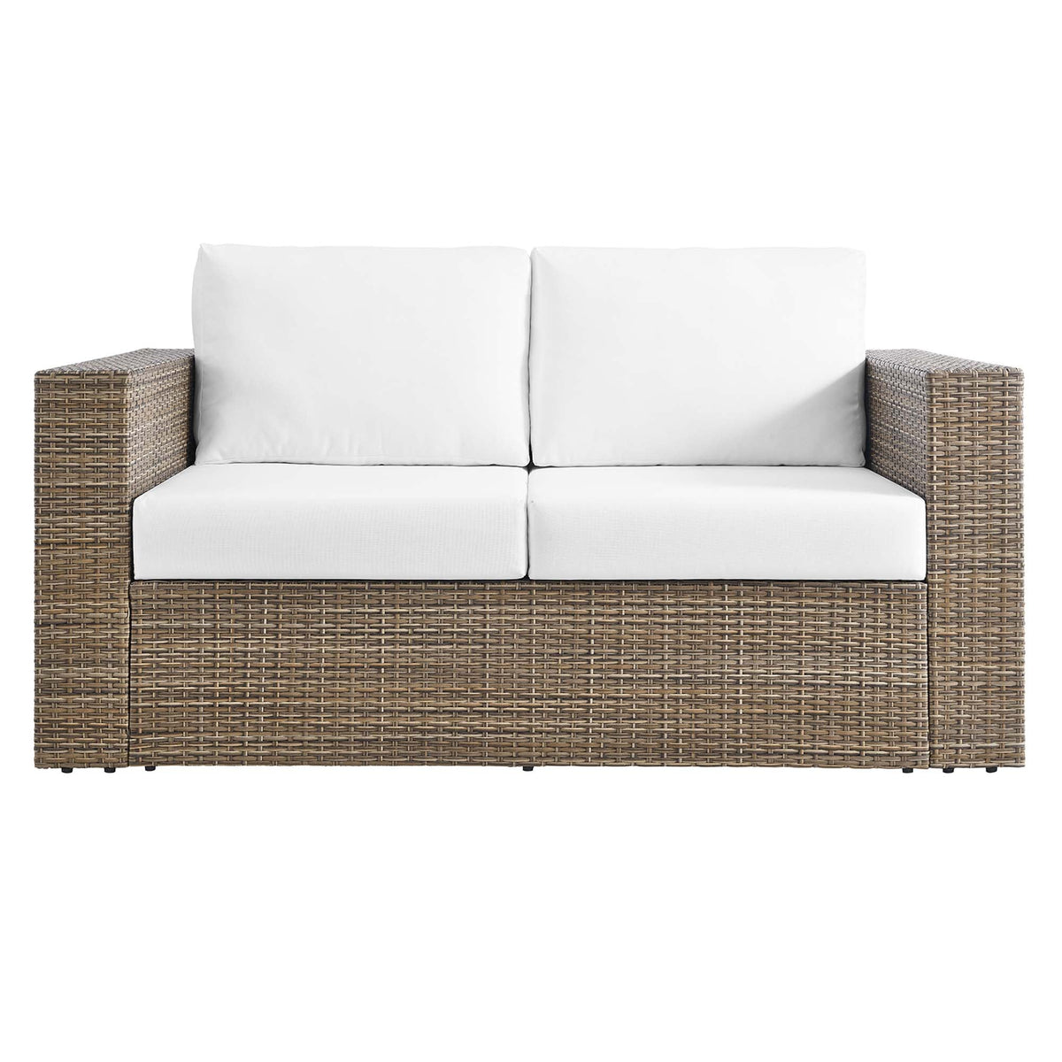 Convene Outdoor Patio Loveseat with white cushions and woven wicker frame for outdoor seating on Tampa Home & Garden Store