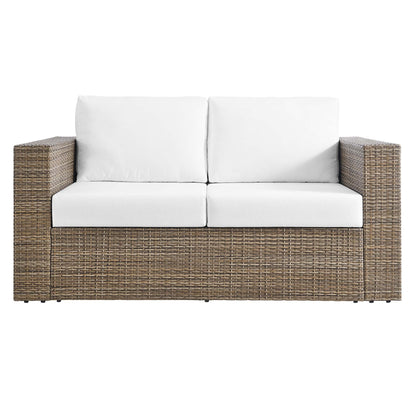Convene Outdoor Patio Loveseat with white cushions and woven wicker frame for outdoor seating on Tampa Home & Garden Store