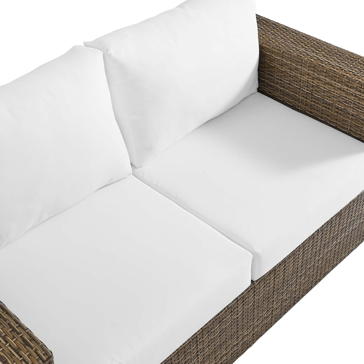 Convene Outdoor Patio Loveseat white cushions on brown wicker frame on Tampa Home & Garden Store