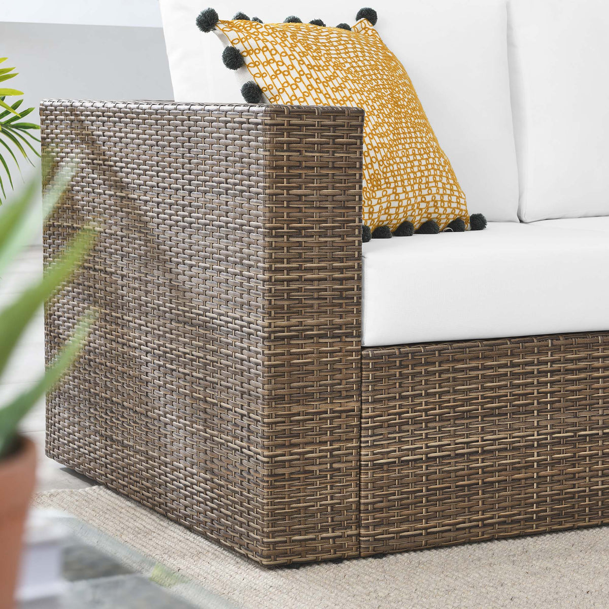 Convene Outdoor Patio Loveseat by Modway, brown wicker frame with white cushions mustard pillow on Tampa Home & Garden Store
