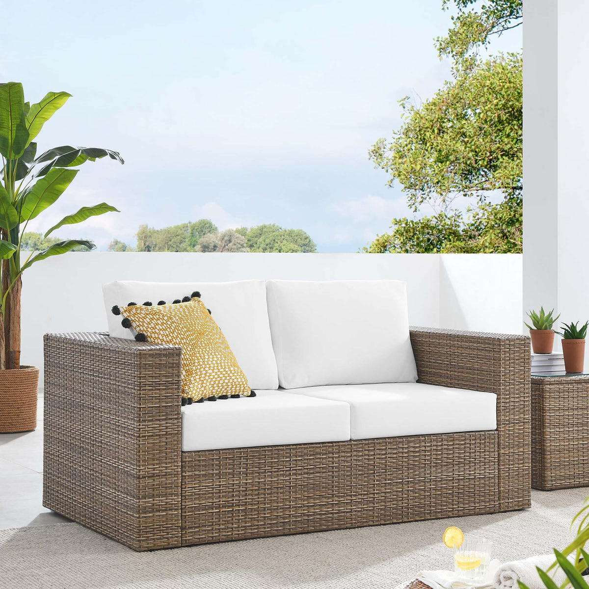 Convene loveseat in brown wicker with white cushions by Modway on Tampa Home & Garden Store