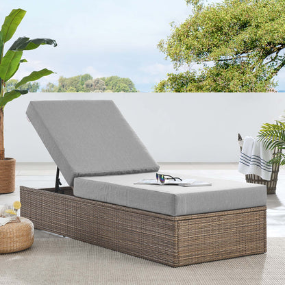 Convene outdoor patio chaise lounge with gray cushions on a woven wicker base on Tampa Home & Garden Store