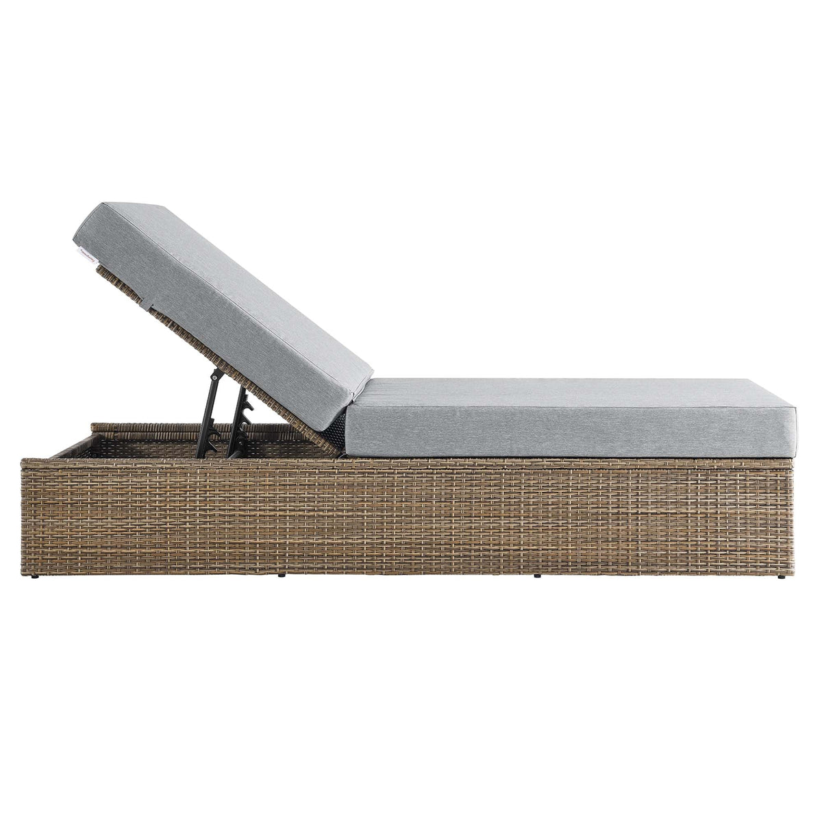 Convene outdoor chaise lounge with adjustable backrest, grey cushions, wicker base on Tampa Home & Garden Store