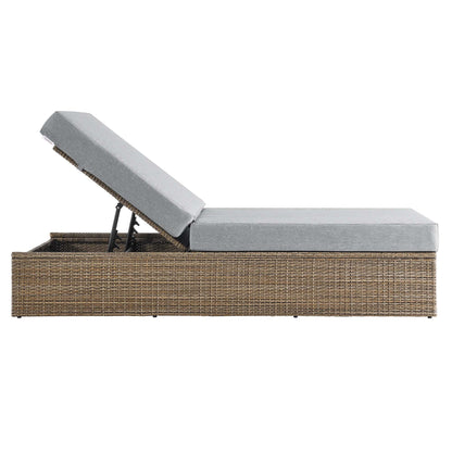 Convene outdoor chaise lounge with adjustable backrest, grey cushions, wicker base on Tampa Home & Garden Store