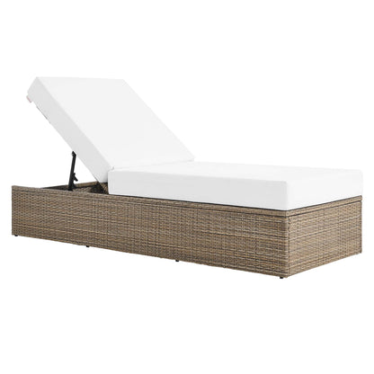 Convene outdoor patio chaise lounge chair with white cushion on woven wicker base on Tampa Home & Garden Store