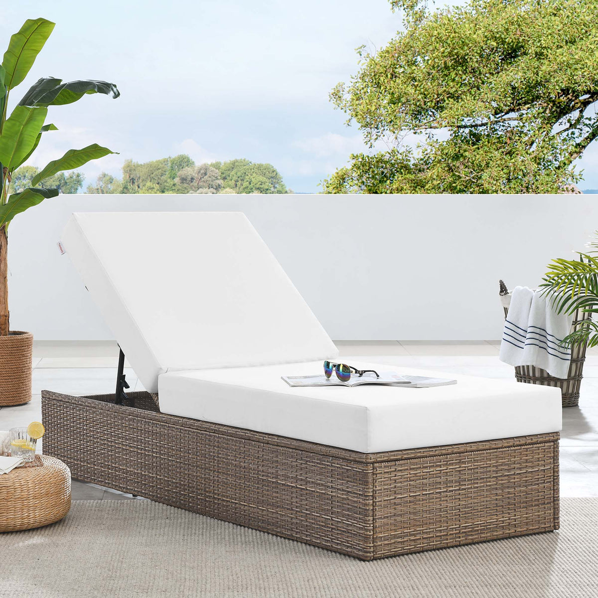 Convene Outdoor Patio Chaise Lounge Chair by Modway, white cushion on brown wicker base on Tampa Home & Garden Store