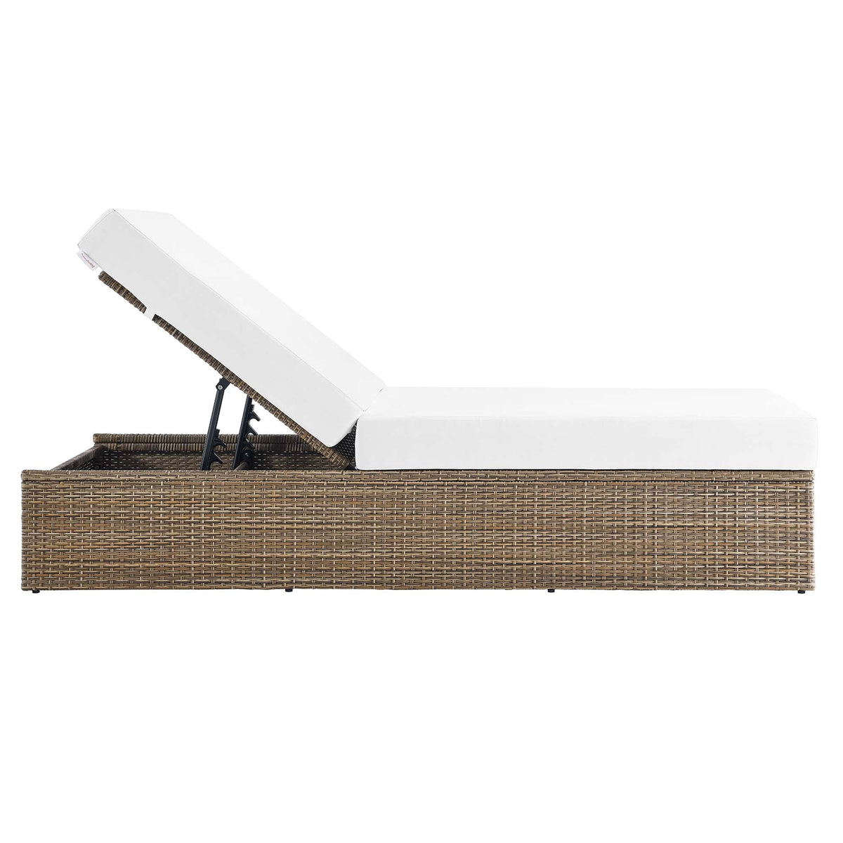 Convene outdoor patio chaise lounge chair with white cushions on a brown wicker base on Tampa Home & Garden Store