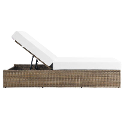 Convene outdoor patio chaise lounge chair with white cushions on a brown wicker base on Tampa Home & Garden Store