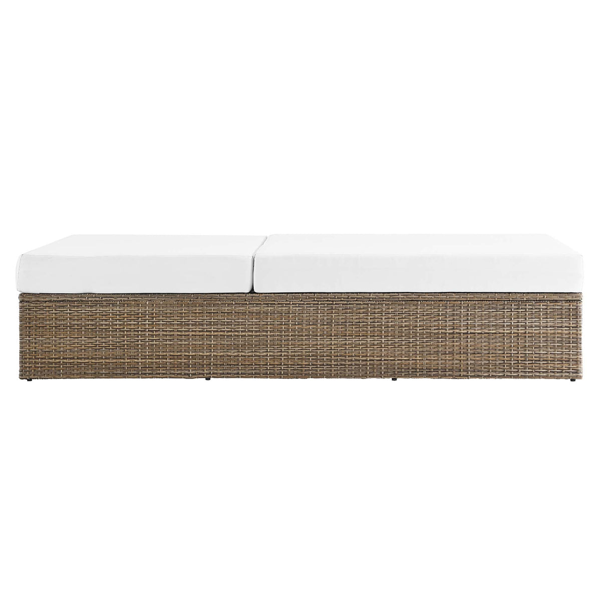 Convene outdoor patio chaise lounge chair with white cushions atop a brown wicker base on Tampa Home & Garden Store