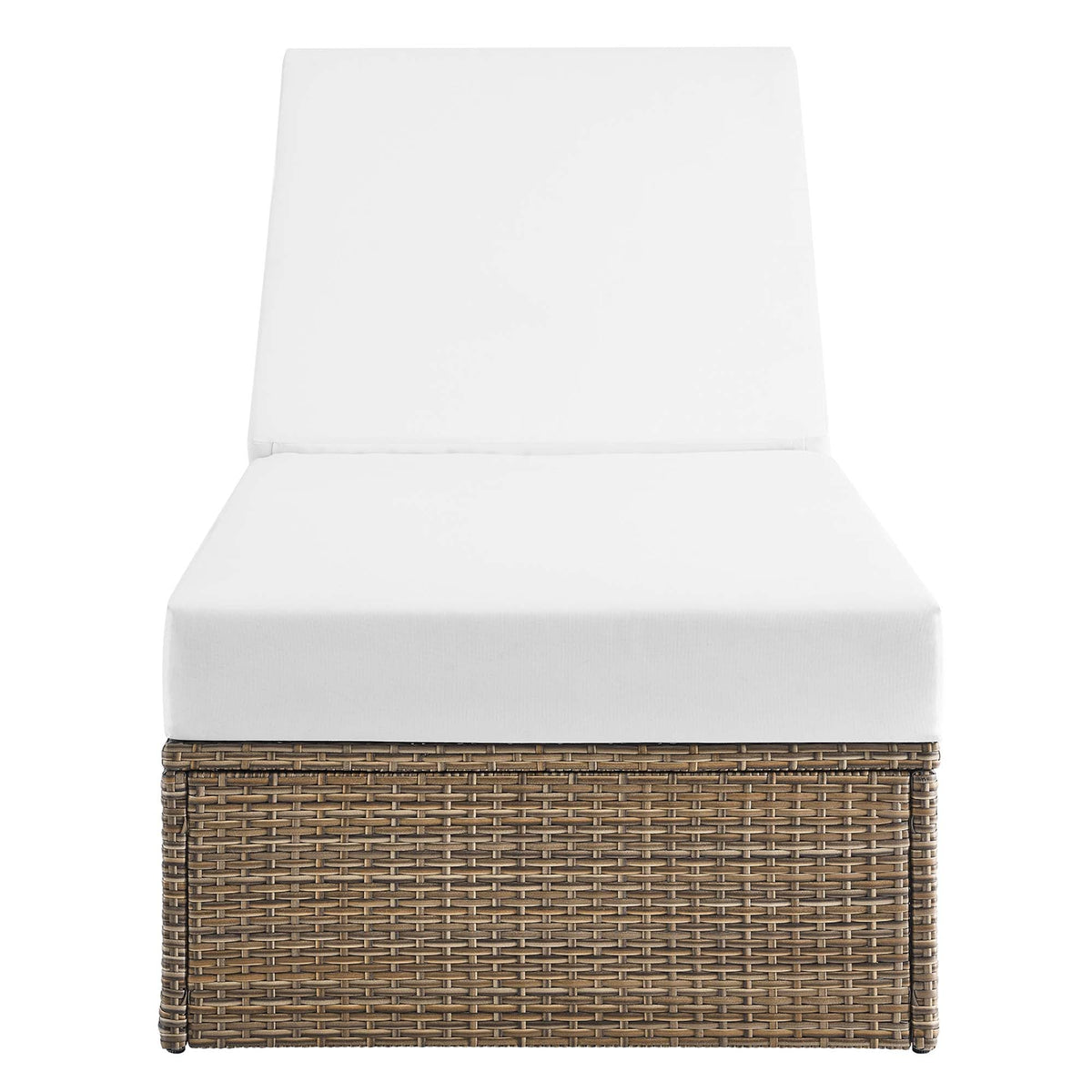 Convene outdoor chaise lounge chair with white cushion atop a woven wicker base on Tampa Home & Garden Store