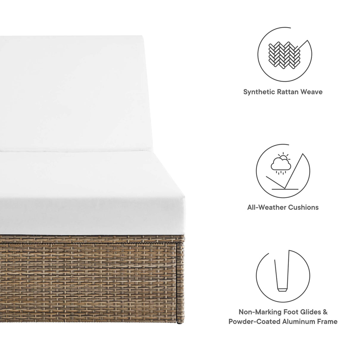 Convene Outdoor Chaise Lounge Chair with white cushions on brown synthetic rattan weave base on Tampa Home & Garden Store