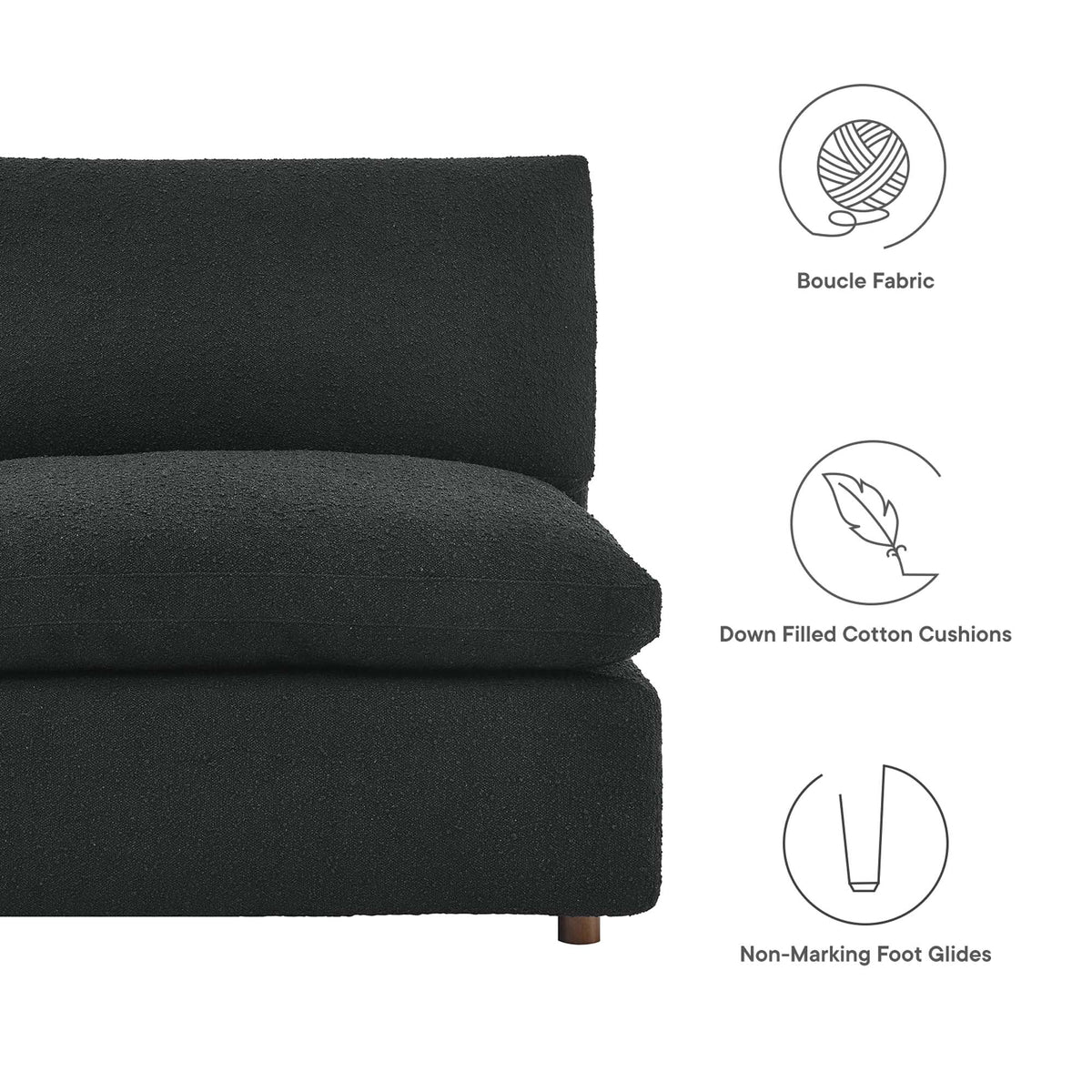 Black boucle fabric armless chair cushion, overstuffed and down-filled close-up on Tampa Home & Garden Store
