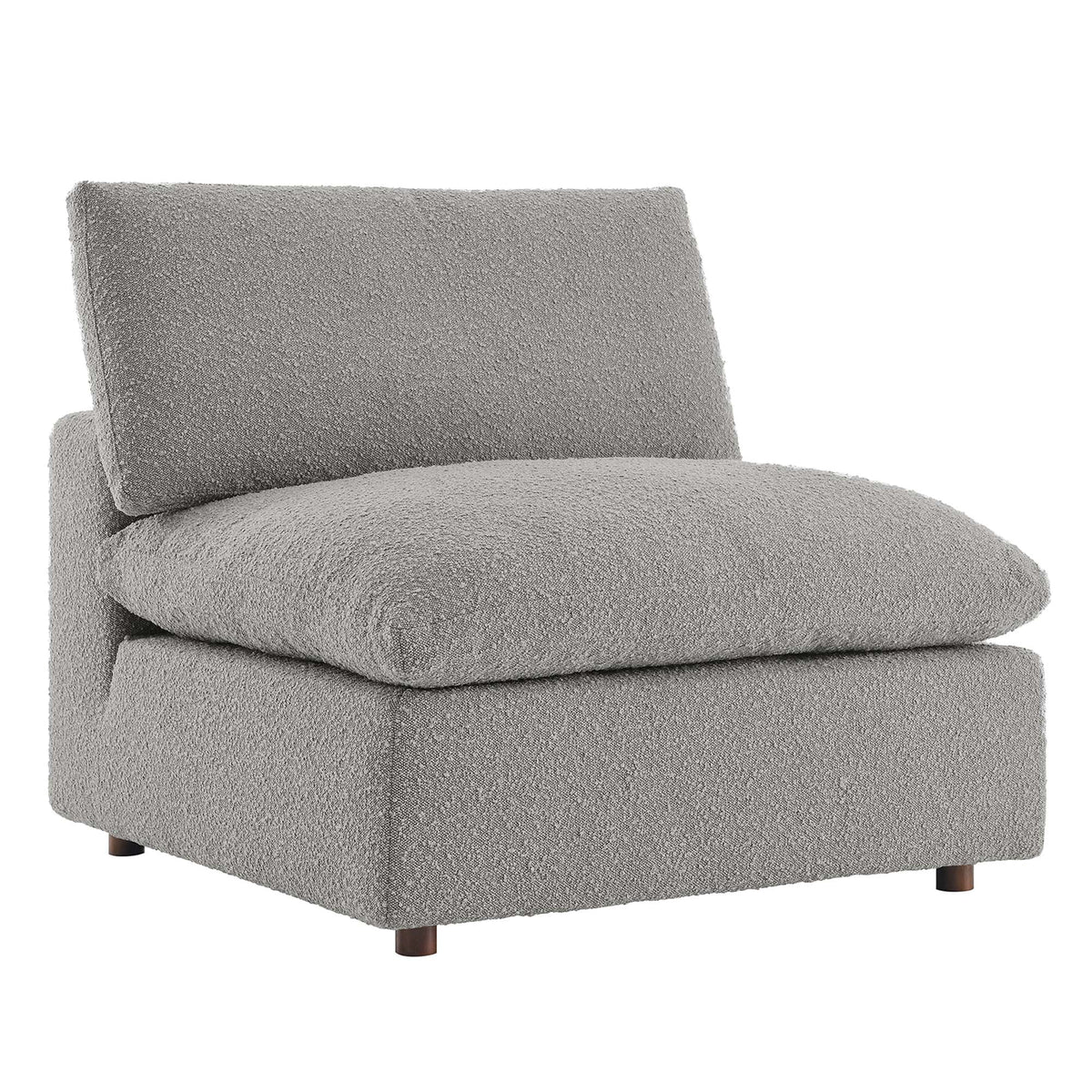 Commix down-filled gray boucle fabric armless chair with overstuffed cushions and wood legs on Tampa Home & Garden Store
