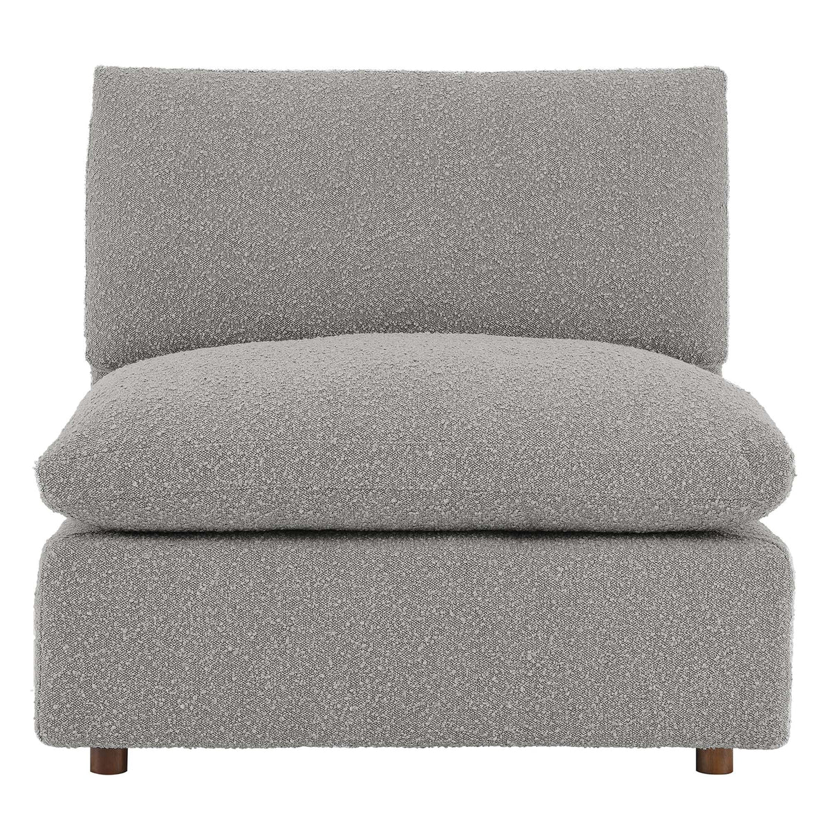 Commix down-filled overstuffed boucle armless chair with gray boucle upholstery and wooden legs on Tampa Home & Garden Store