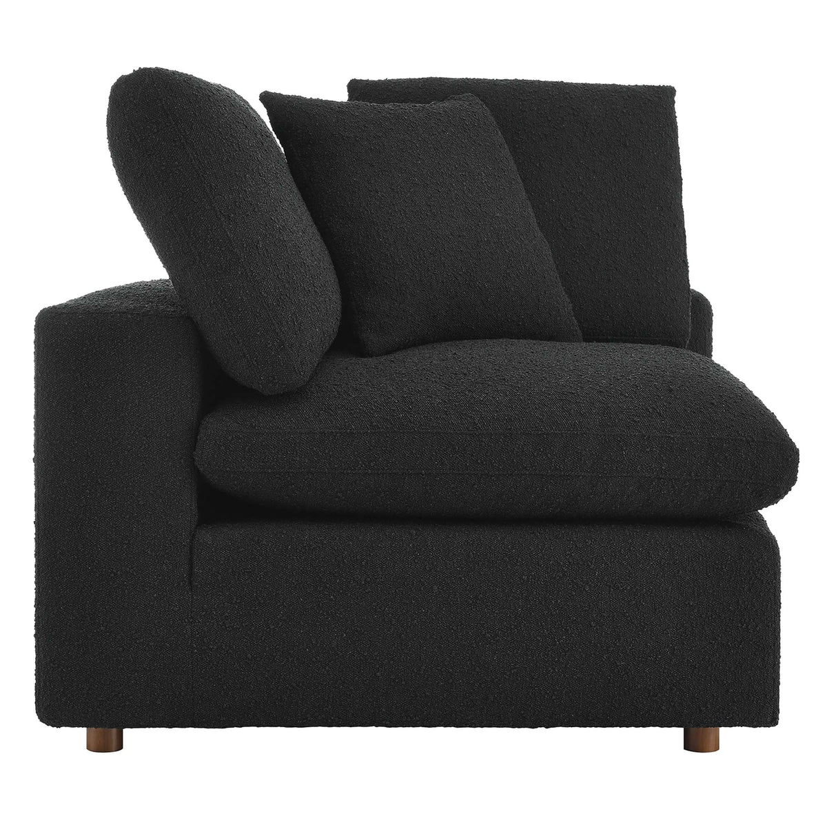 Commix down-filled overstuffed boucle corner chair in black fabric with plush cushions on Tampa Home & Garden Store