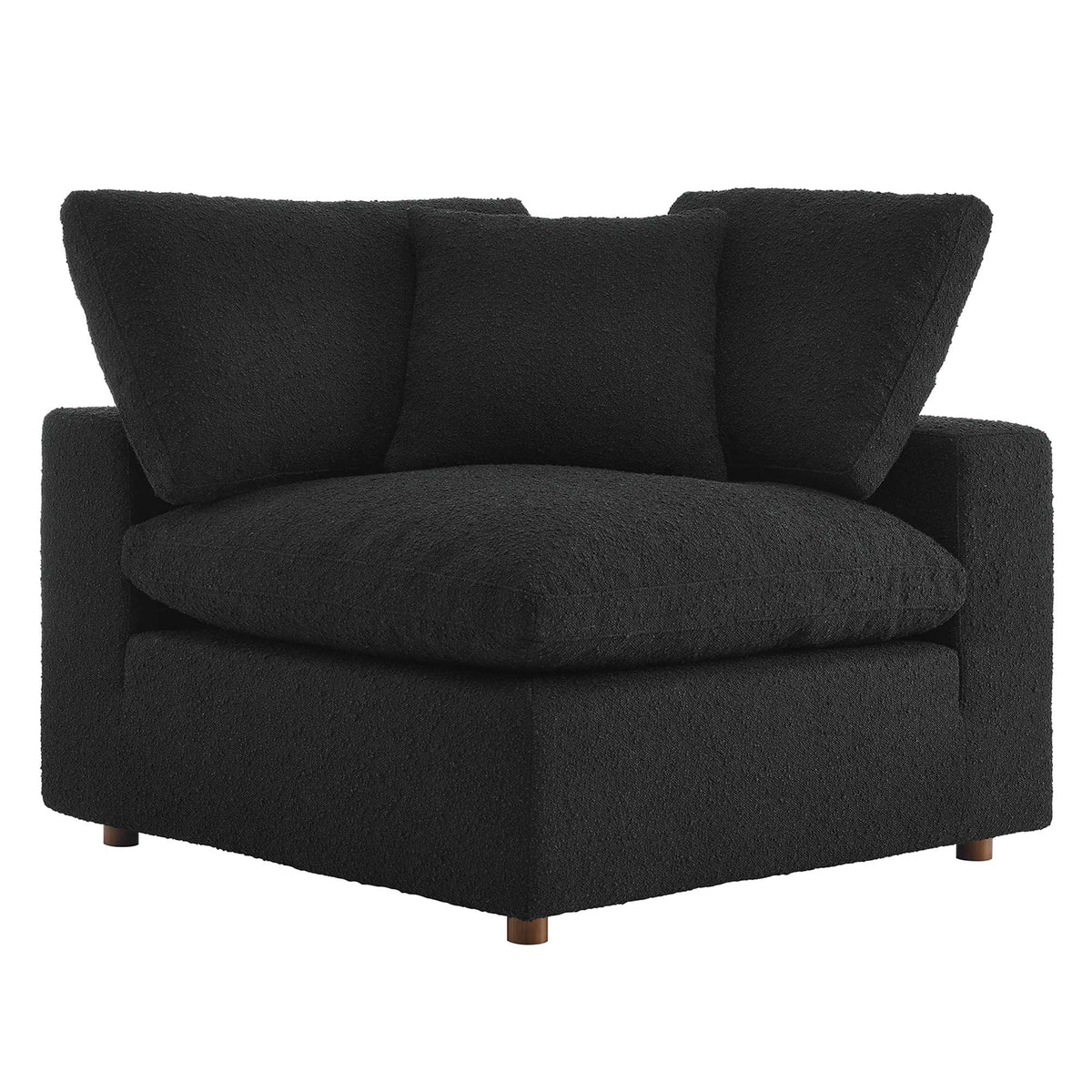 Commix down-filled boucle corner chair in black fabric with wooden legs by HouseOfZazla on Tampa Home & Garden Store