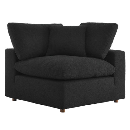 Commix down-filled boucle corner chair in black fabric with wooden legs by HouseOfZazla on Tampa Home & Garden Store