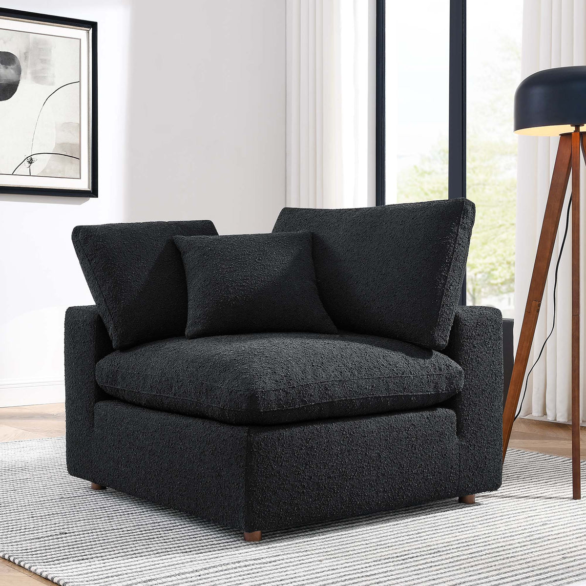 Commix down-filled overstuffed boucle fabric corner chair in black for modern living room on Tampa Home & Garden Store