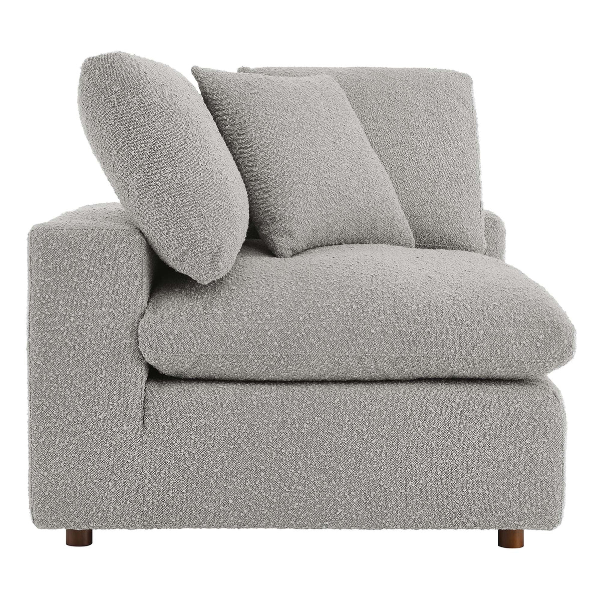 Commix down-filled boucle corner chair in gray with wooden legs on Tampa Home & Garden Store