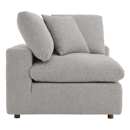 Commix down-filled boucle corner chair in gray with wooden legs on Tampa Home & Garden Store