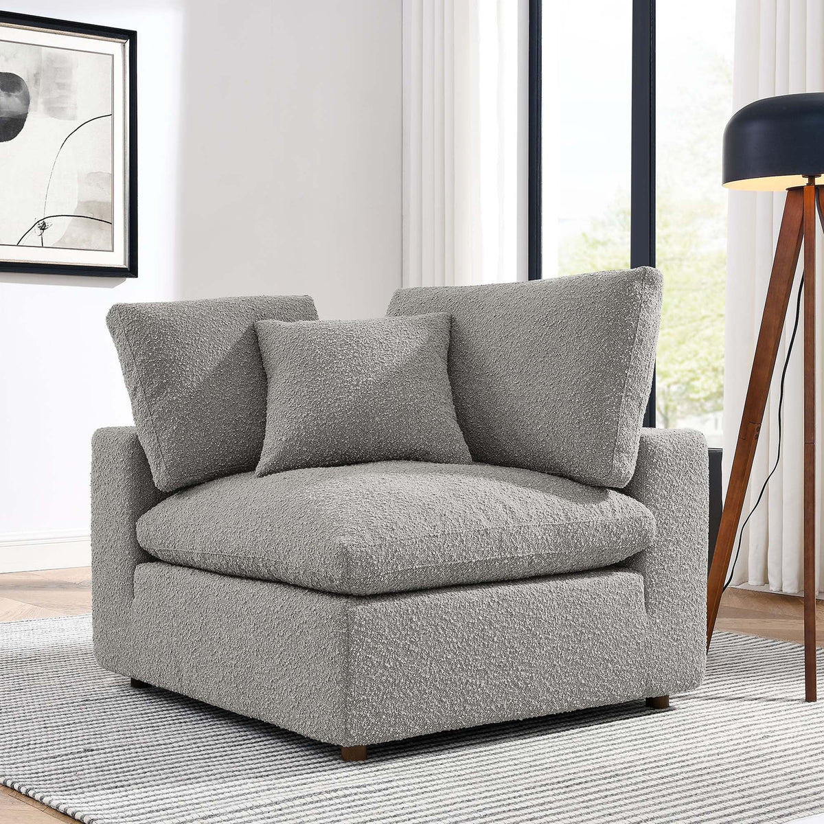 Commix down-filled overstuffed boucle fabric corner chair in gray with plush cushions on Tampa Home & Garden Store