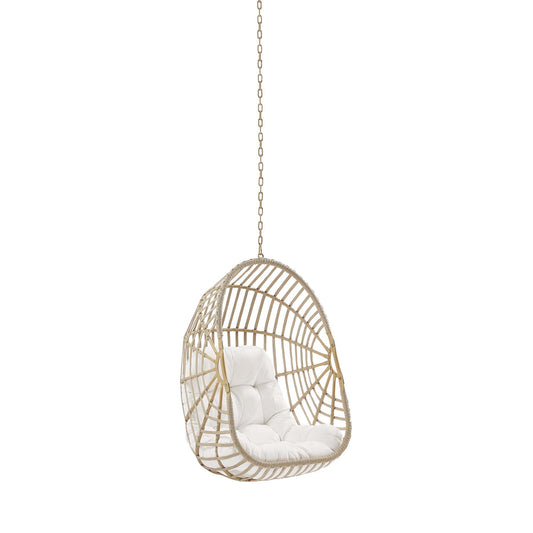 Amalie wicker rattan outdoor hanging swing chair with white cushioned seat and chain on Tampa Home & Garden Store