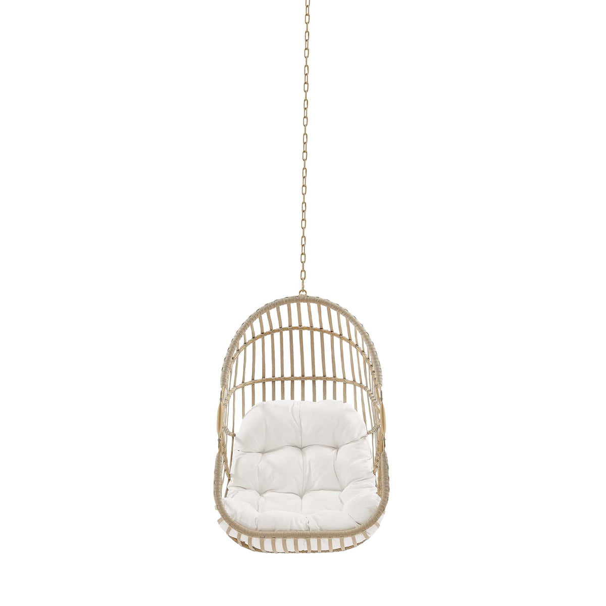 Amalie Wicker Rattan Outdoor Swing Chair with white cushion and hanging chain on Tampa Home & Garden Store