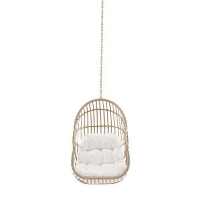 Amalie Wicker Rattan Outdoor Swing Chair with white cushion and hanging chain on Tampa Home & Garden Store