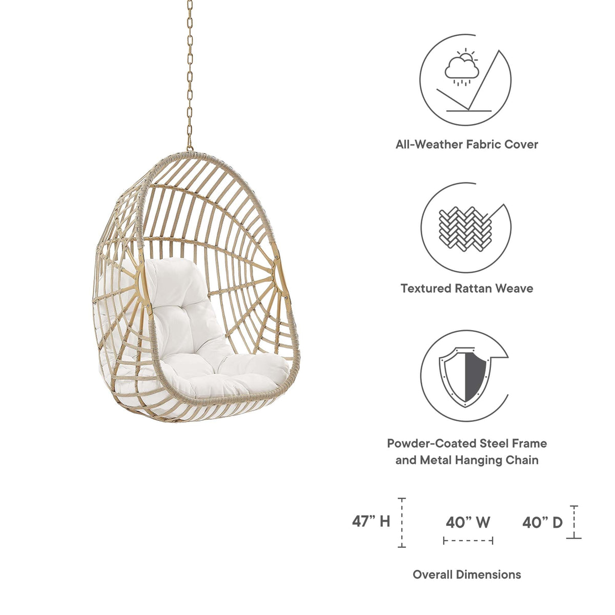Amalie wicker rattan outdoor hanging swing chair by Modway with white cushions on Tampa Home & Garden Store