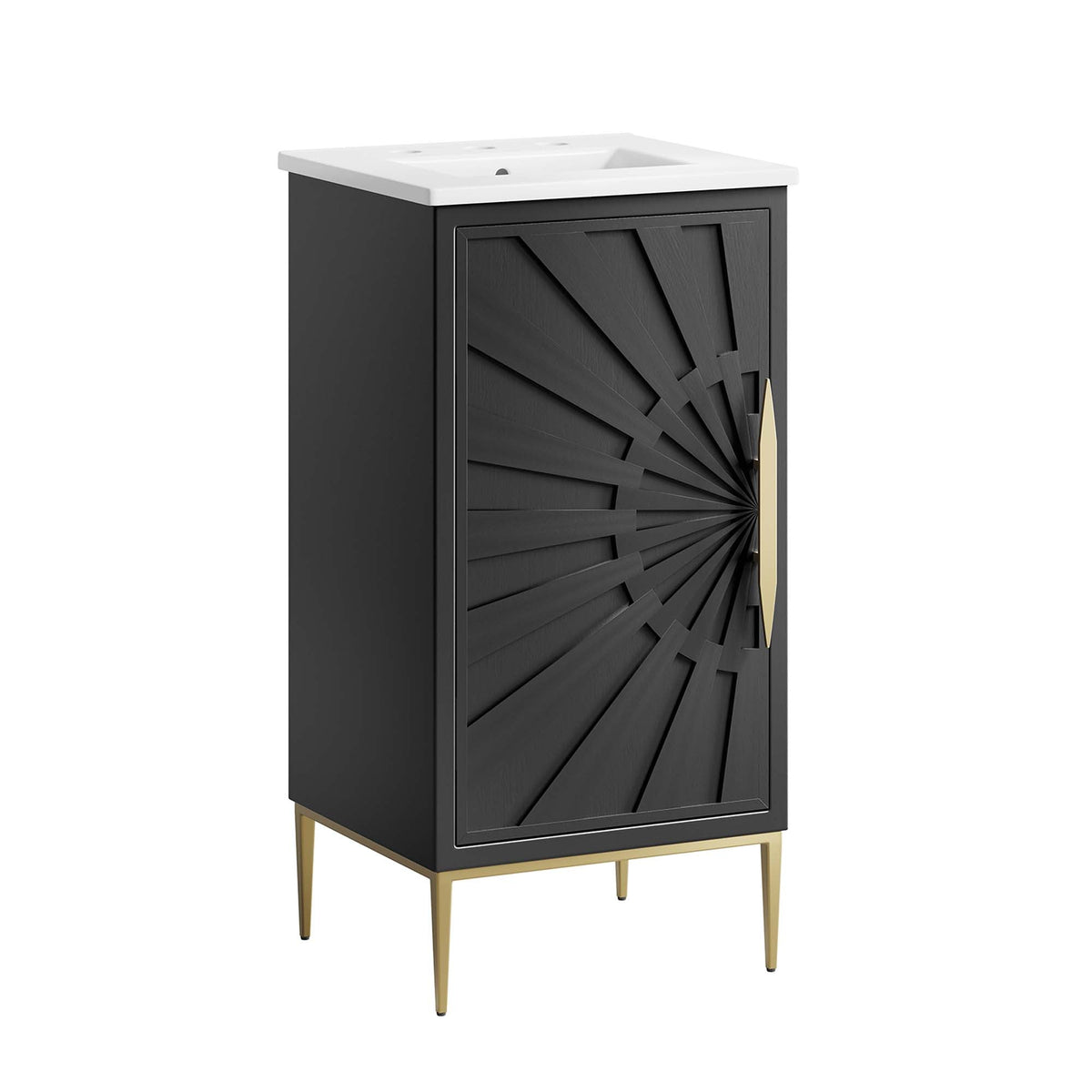 Awaken bathroom vanity, HouseOfZazla black cabinet with sunburst front, white countertop on Tampa Home & Garden Store