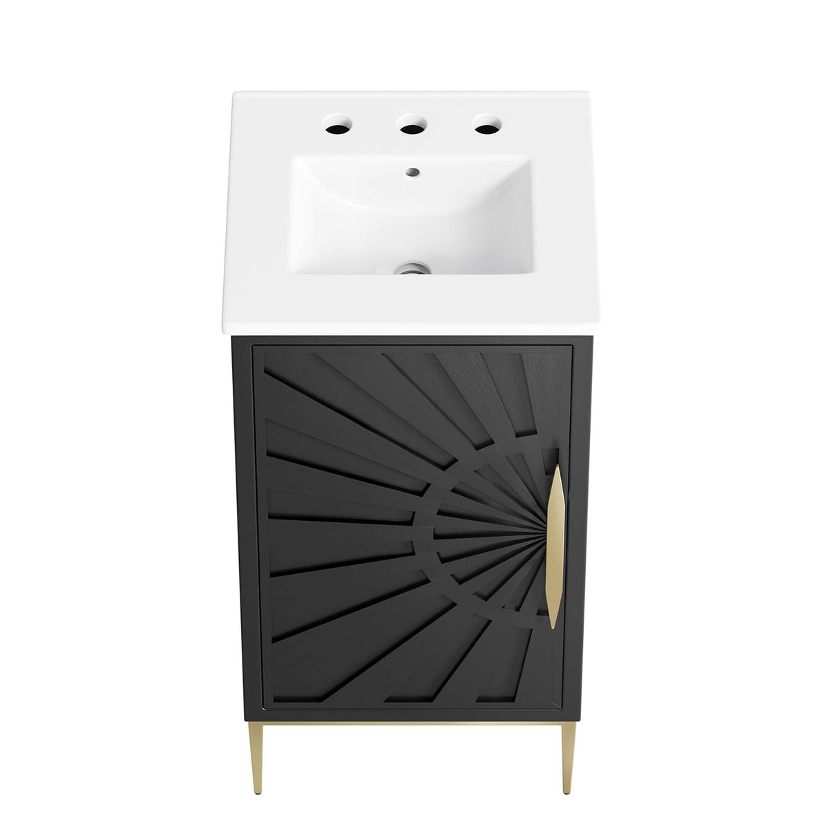 Awaken Bathroom Vanity white top with 3 faucet holes on a black cabinet with gold legs on Tampa Home & Garden Store