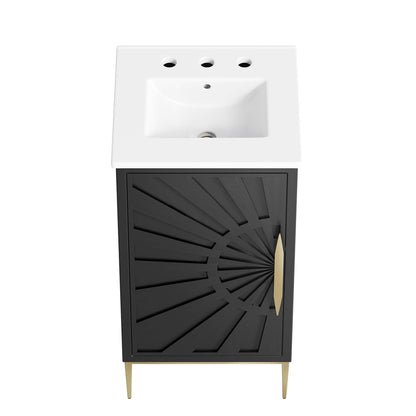Awaken Bathroom Vanity white top with 3 faucet holes on a black cabinet with gold legs on Tampa Home & Garden Store