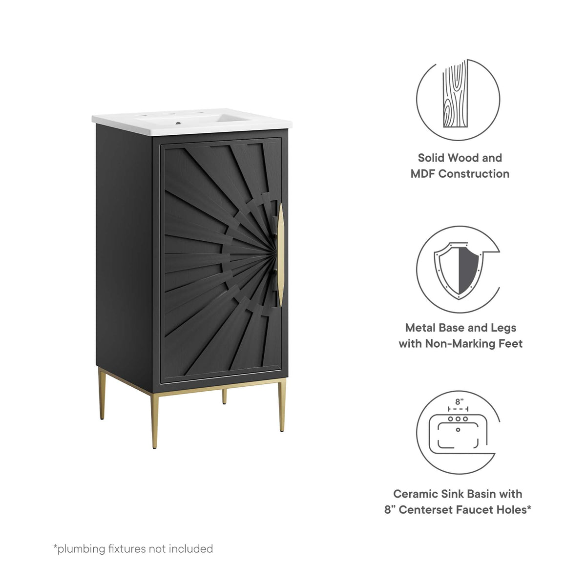 Awaken bathroom vanity by Modway; dark charcoal cabinet with door, white sink, gold legs on Tampa Home & Garden Store