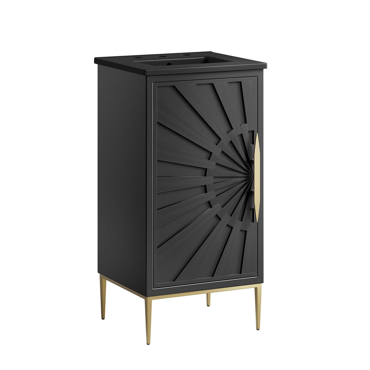 Awaken bathroom vanity black matte cabinet with sunburst door and gold legs on Tampa Home & Garden Store