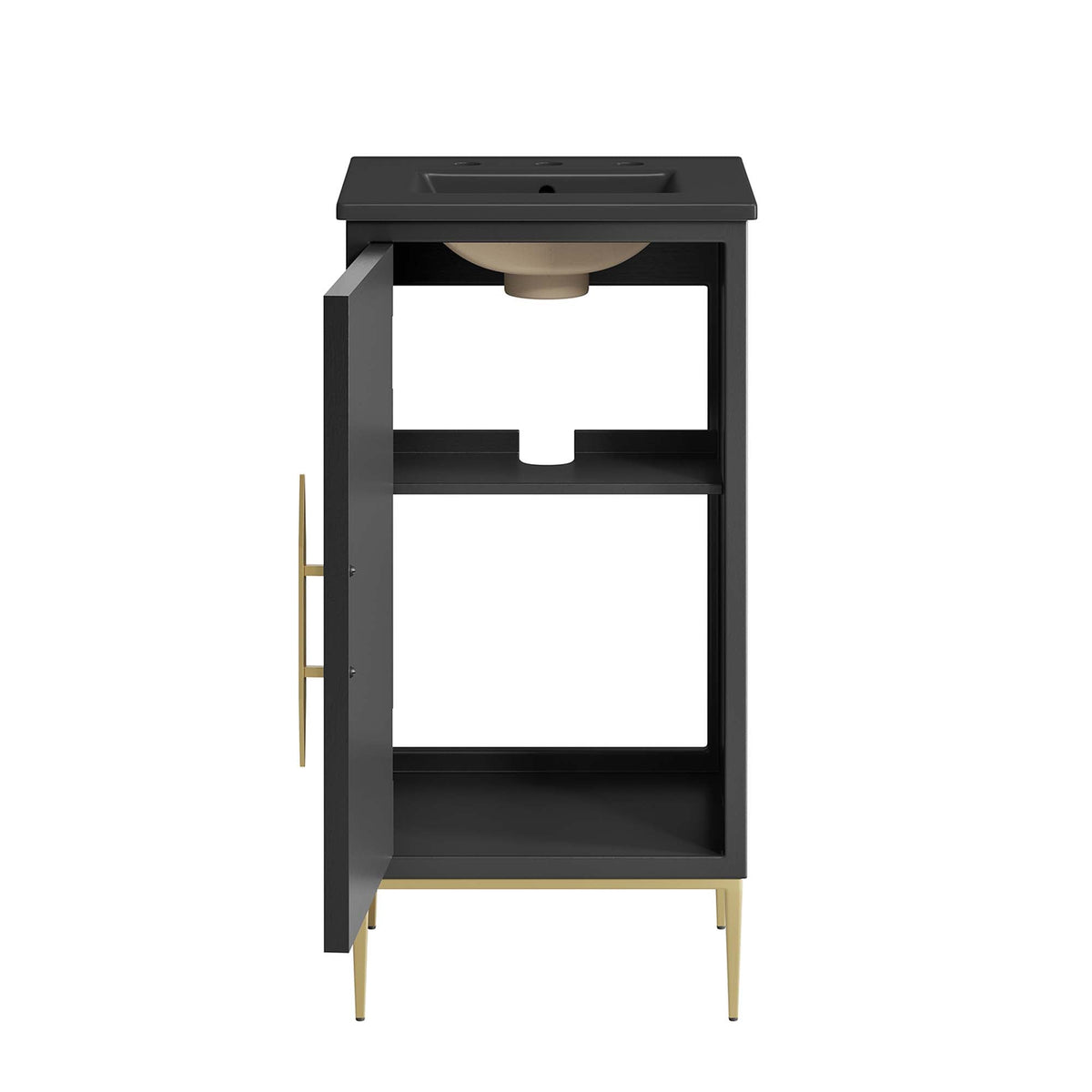 Awaken bathroom vanity by Modway, black framed vanity with gold legs and open shelf on Tampa Home & Garden Store