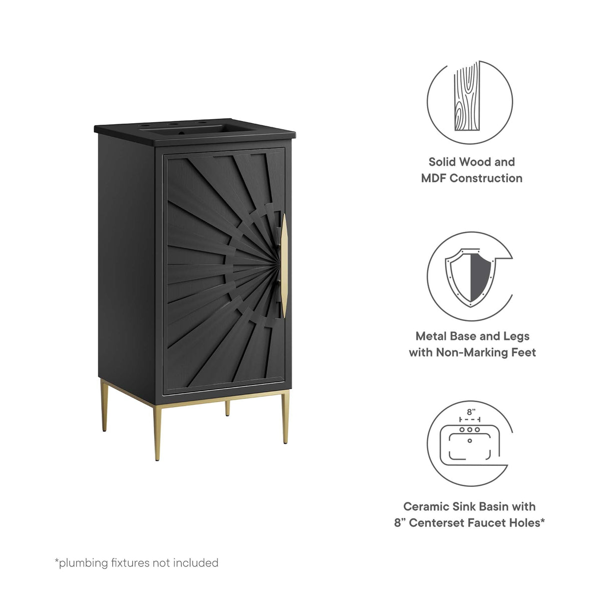 Awaken Bathroom Vanity by Modway in black with sunburst panel door and gold tapered legs on Tampa Home & Garden Store