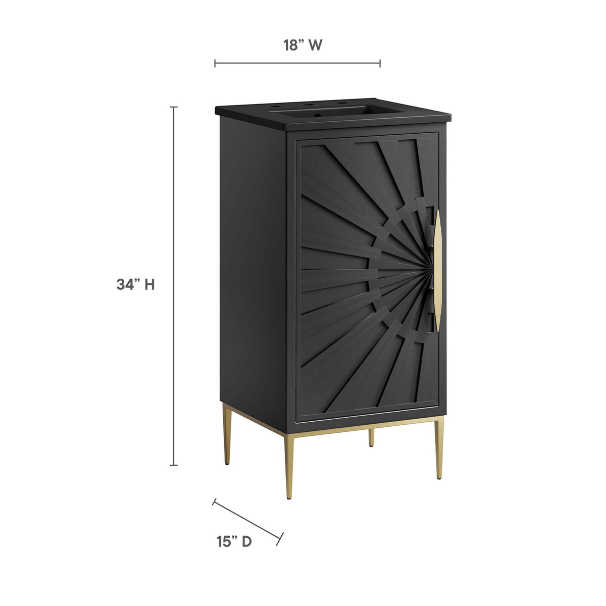 Awaken bathroom vanity Modway, black cabinet with sunburst door and gold legs, 18W x 34H x 15D on Tampa Home & Garden Store