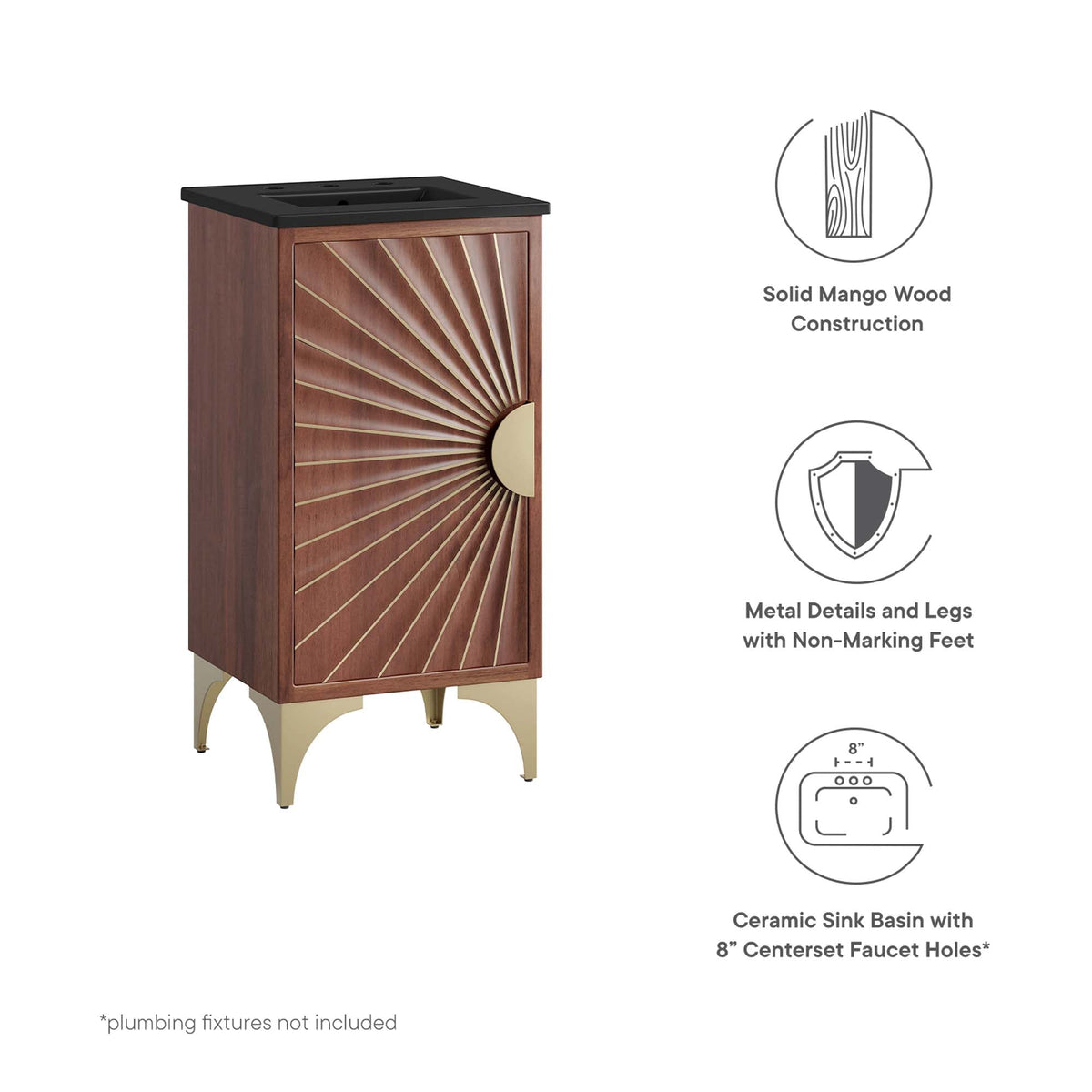 Daylight bathroom vanity in dark mango wood with sunburst front and black countertop on Tampa Home & Garden Store